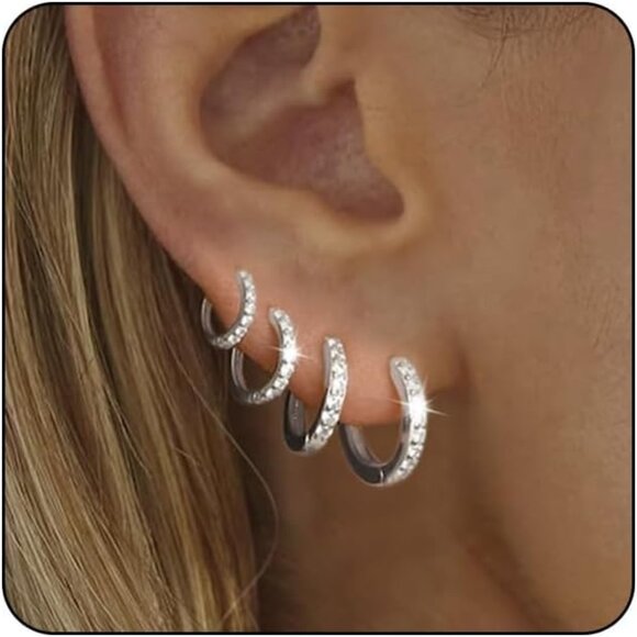 4 set-SL Sterling Silver Dainty Huggie Cubic Zirconia Hoop Earrings for Women - Picture 1 of 6